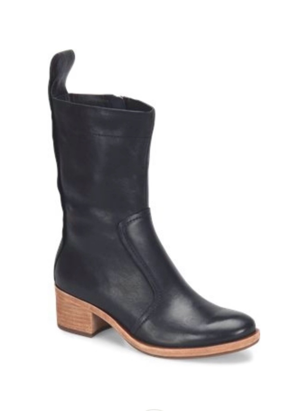 Kork-Ease Black Leather Mid-Calf Block Heel Boot with Natural Wood Sole
